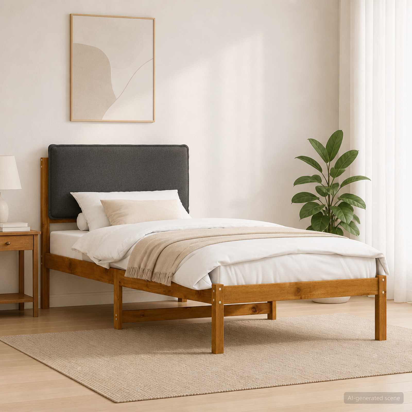 Bed Frame with Upholstered Headboard Natural and Dark Grey