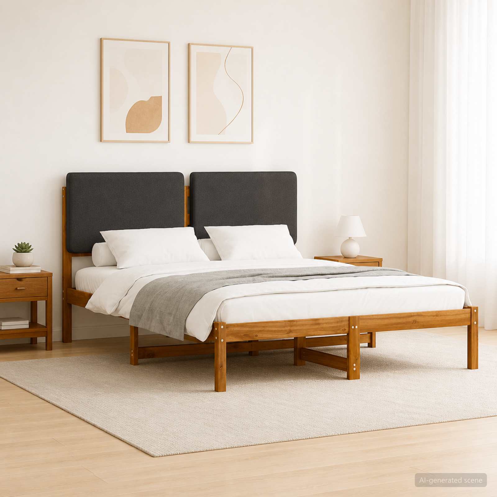 Bed Frame with Upholstered Headboard Natural and Dark Grey