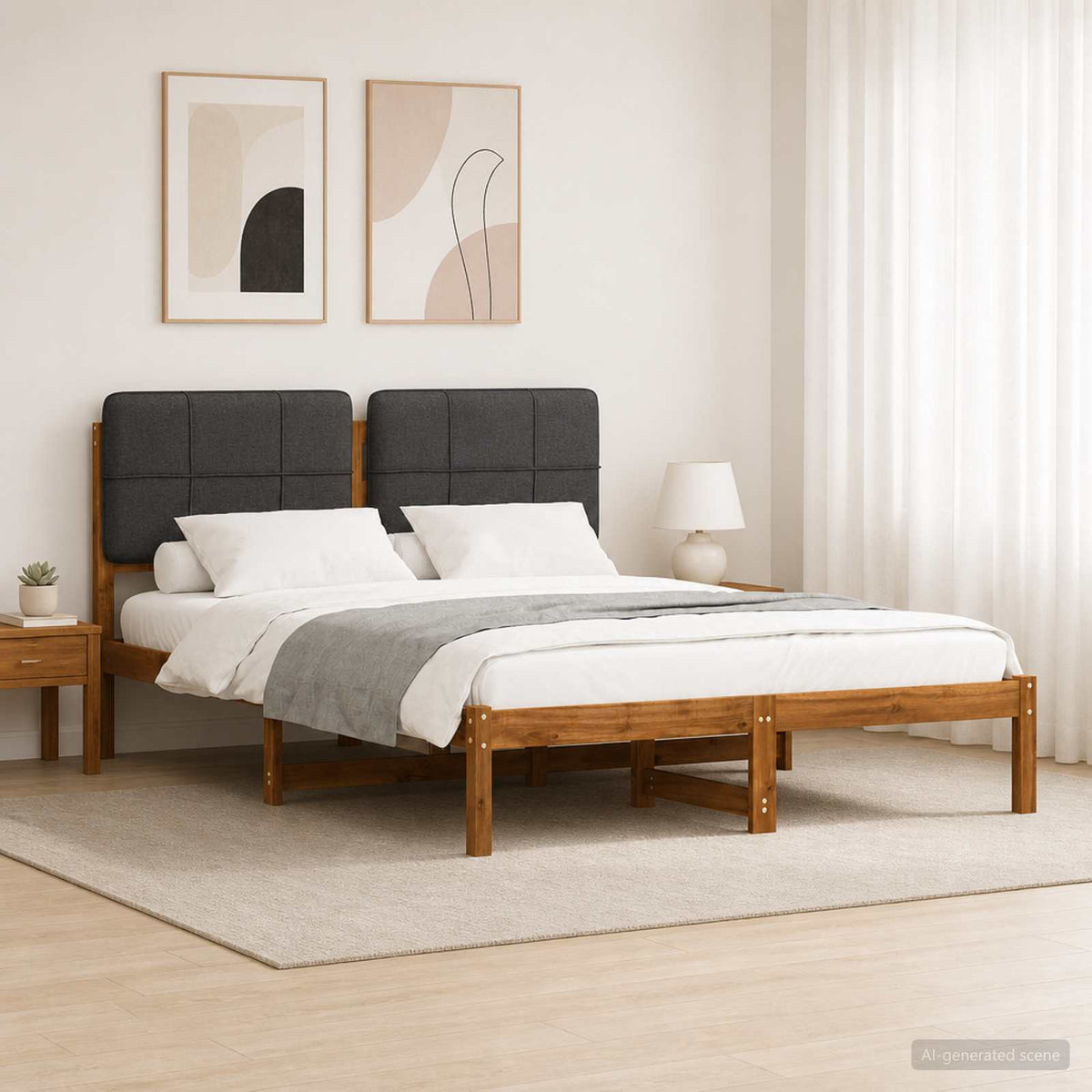 Bed Frame with Upholstered Headboard Natural and Dark Grey
