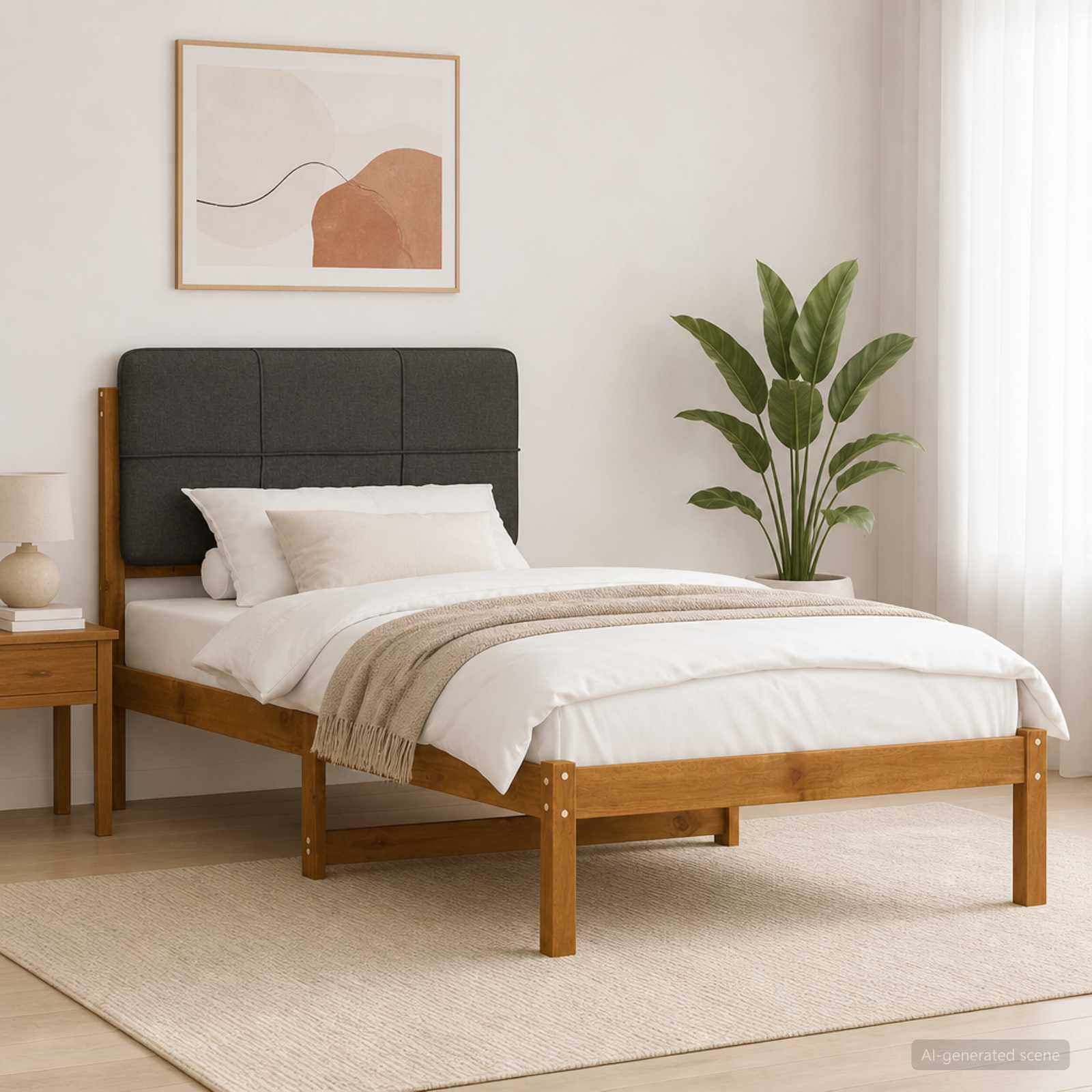 Bed Frame with Upholstered Headboard Natural and Dark Grey
