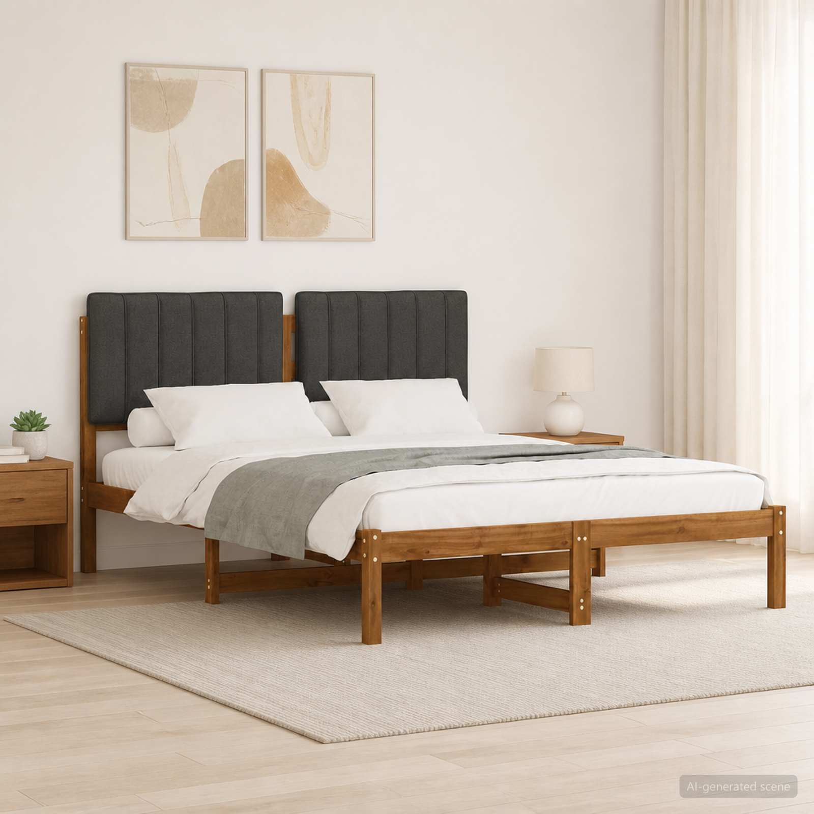 Bed Frame with Upholstered Headboard Natural and Dark Grey