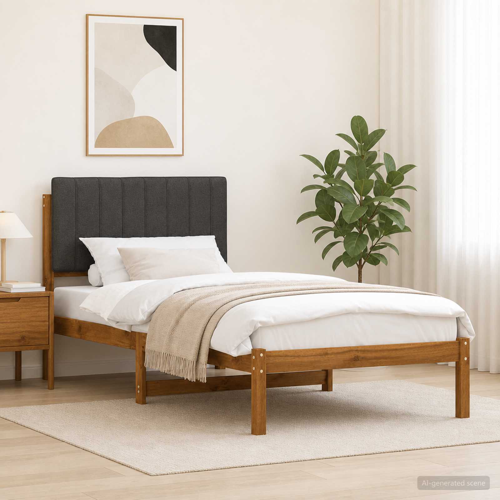 Bed Frame with Upholstered Headboard Natural and Dark Grey