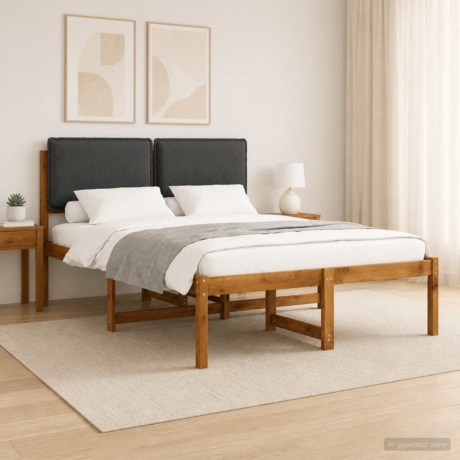 Bed Frame with Upholstered Headboard Natural and Dark Grey