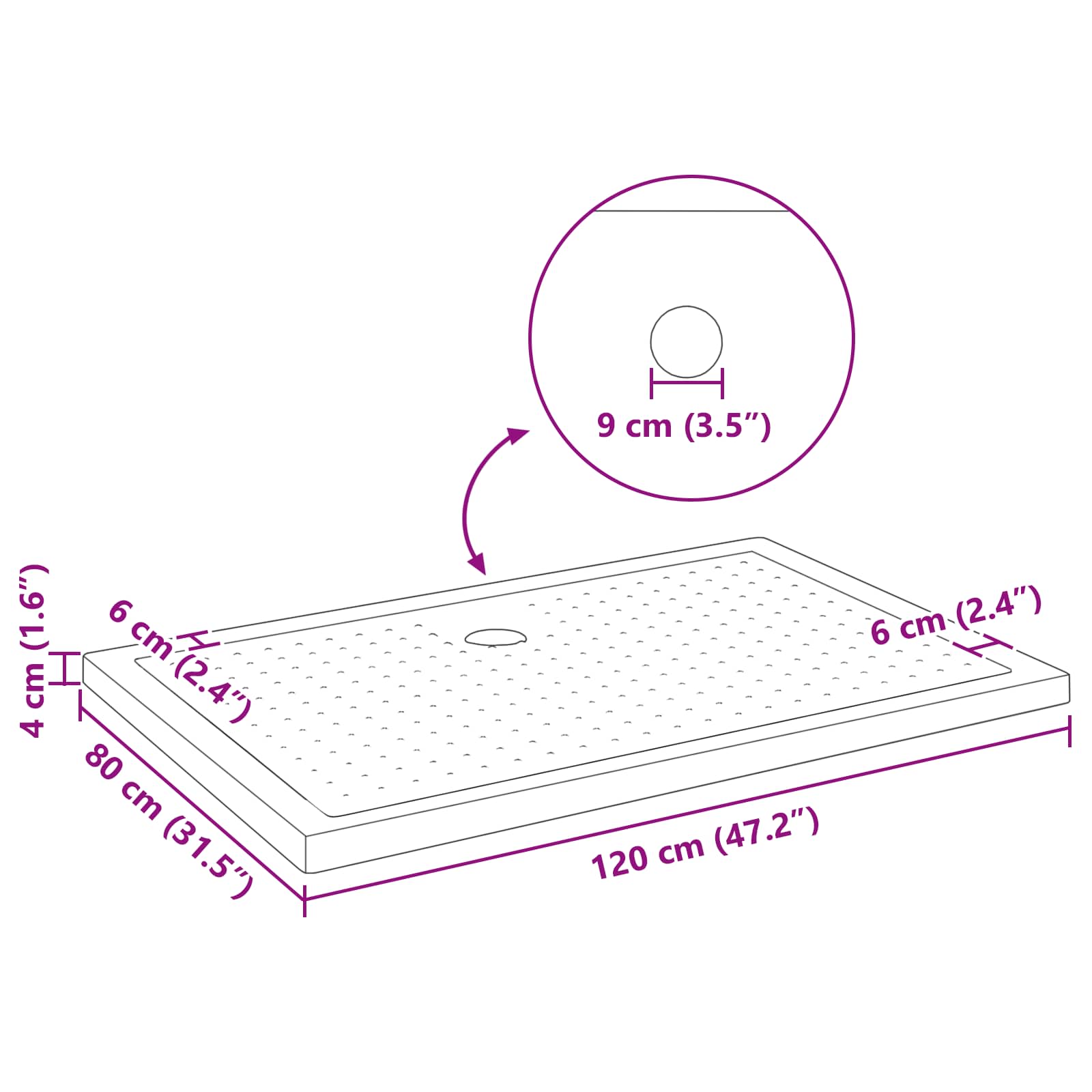 Shower Base Tray with Dots 120 x 80 x 4 cm ABS Black