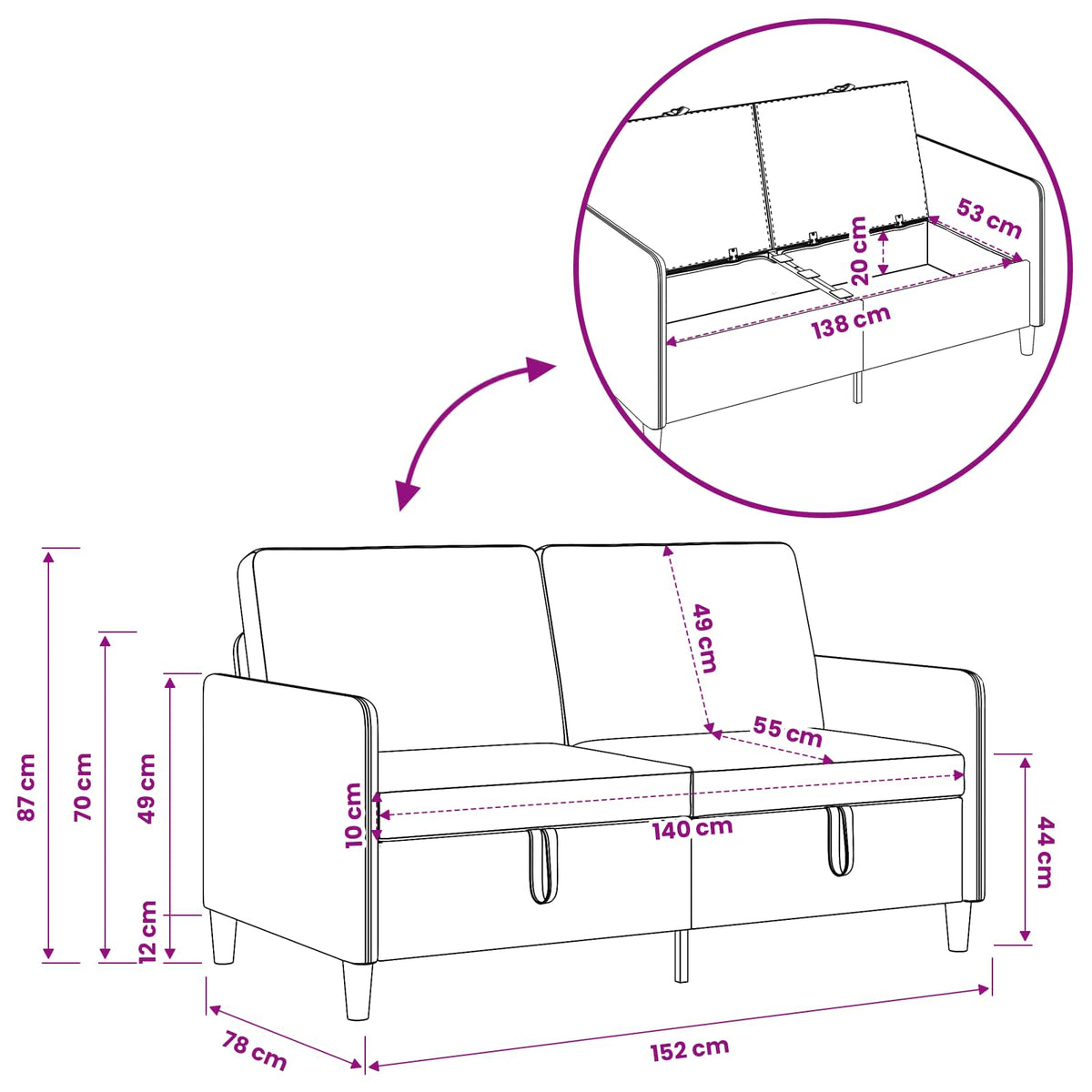 Sofa with Storage Black 152 x 78 x 87 cm Polyester