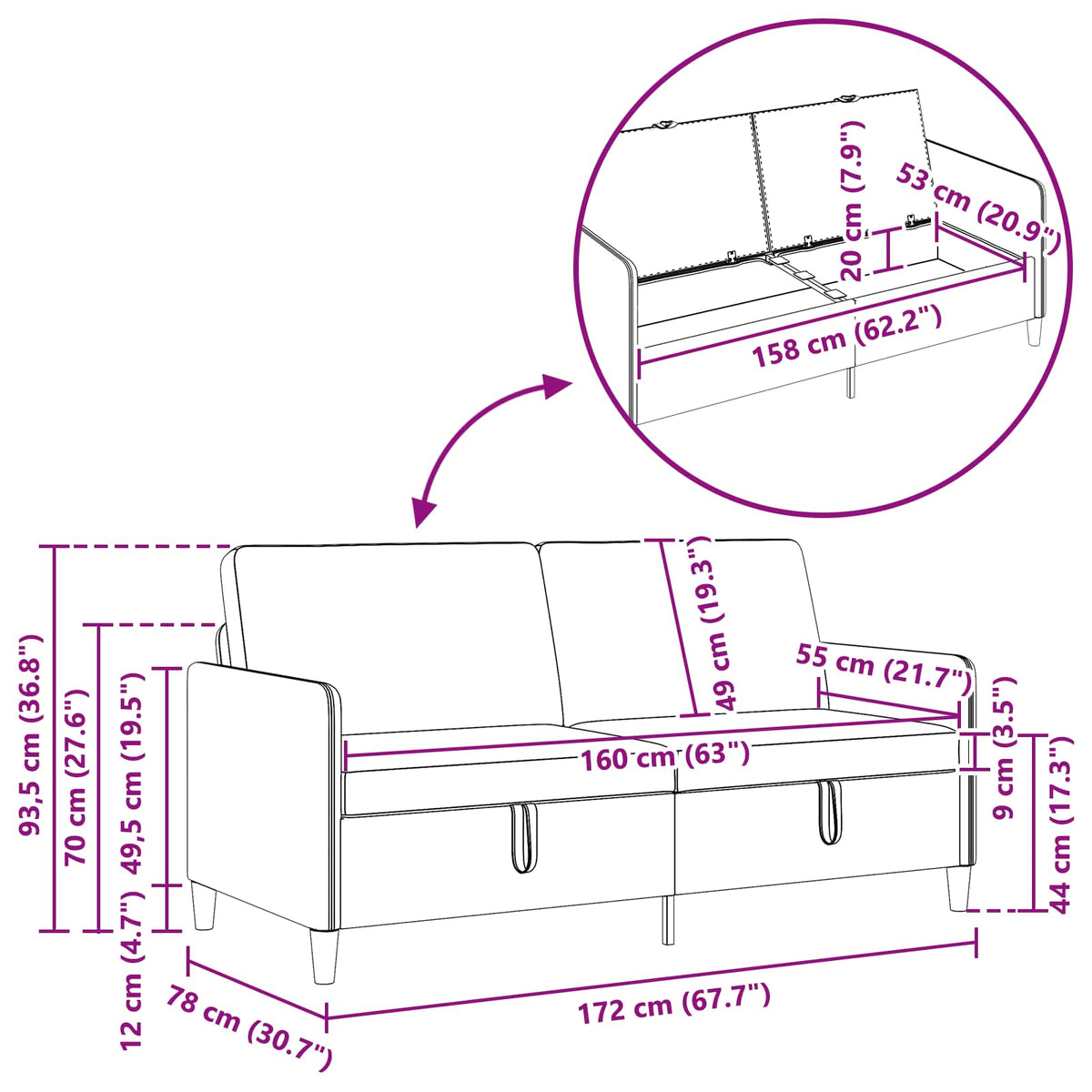 Sofa with Storage Dark Grey 172 x 78 x 87 cm Polyester