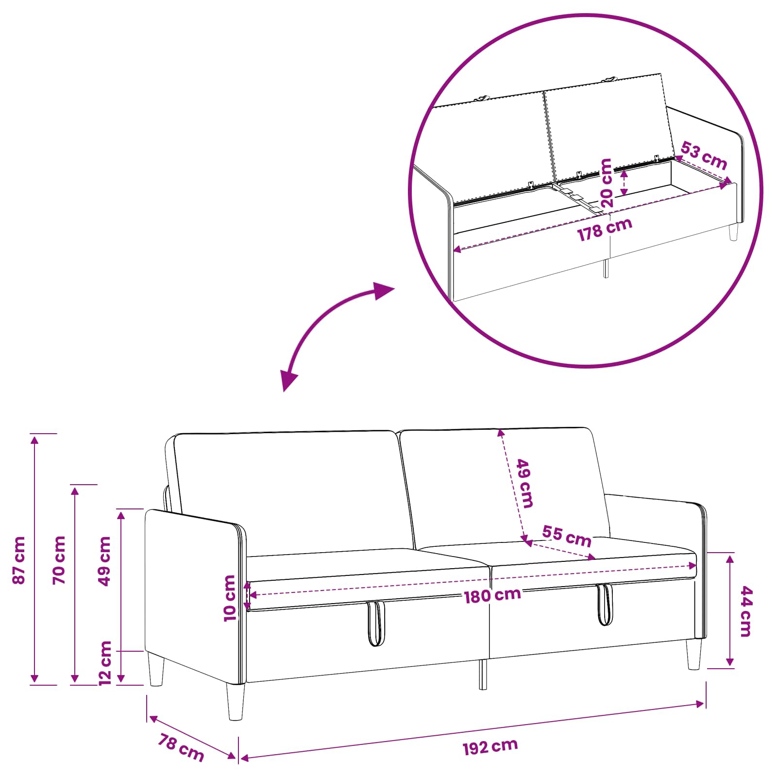 Sofa with Storage Black 192 x 78 x 87 cm Polyester