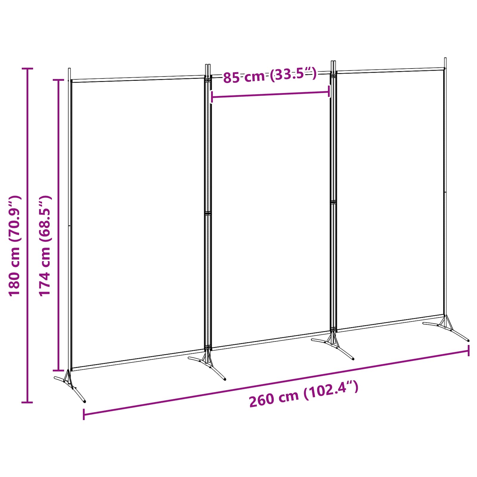 3-Panel Room Divider Beige 260 x 180 cm Fabric