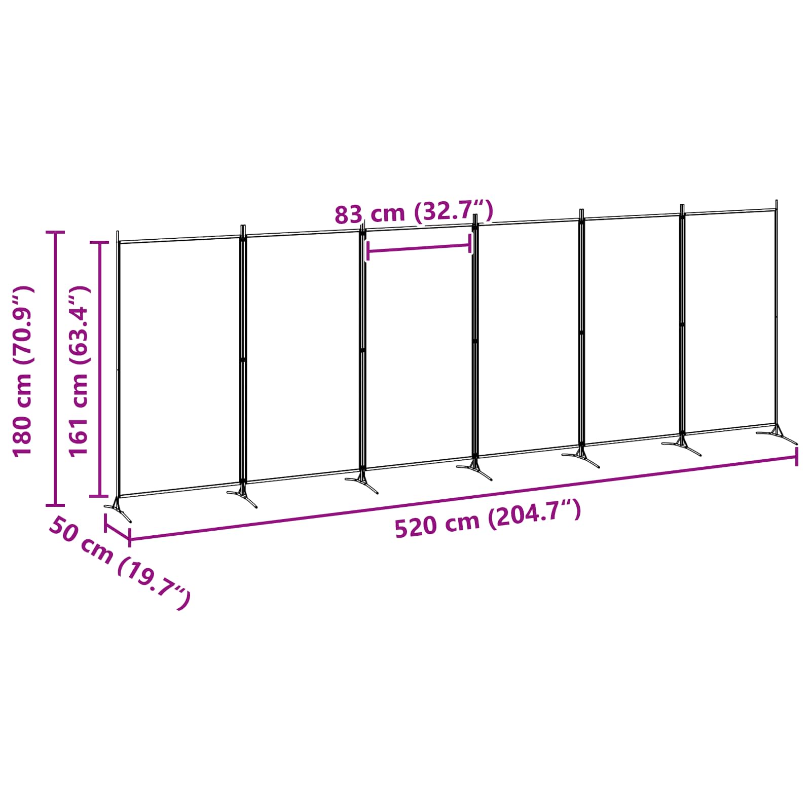6-Panel Room Divider Beige 520 x 180 cm Fabric