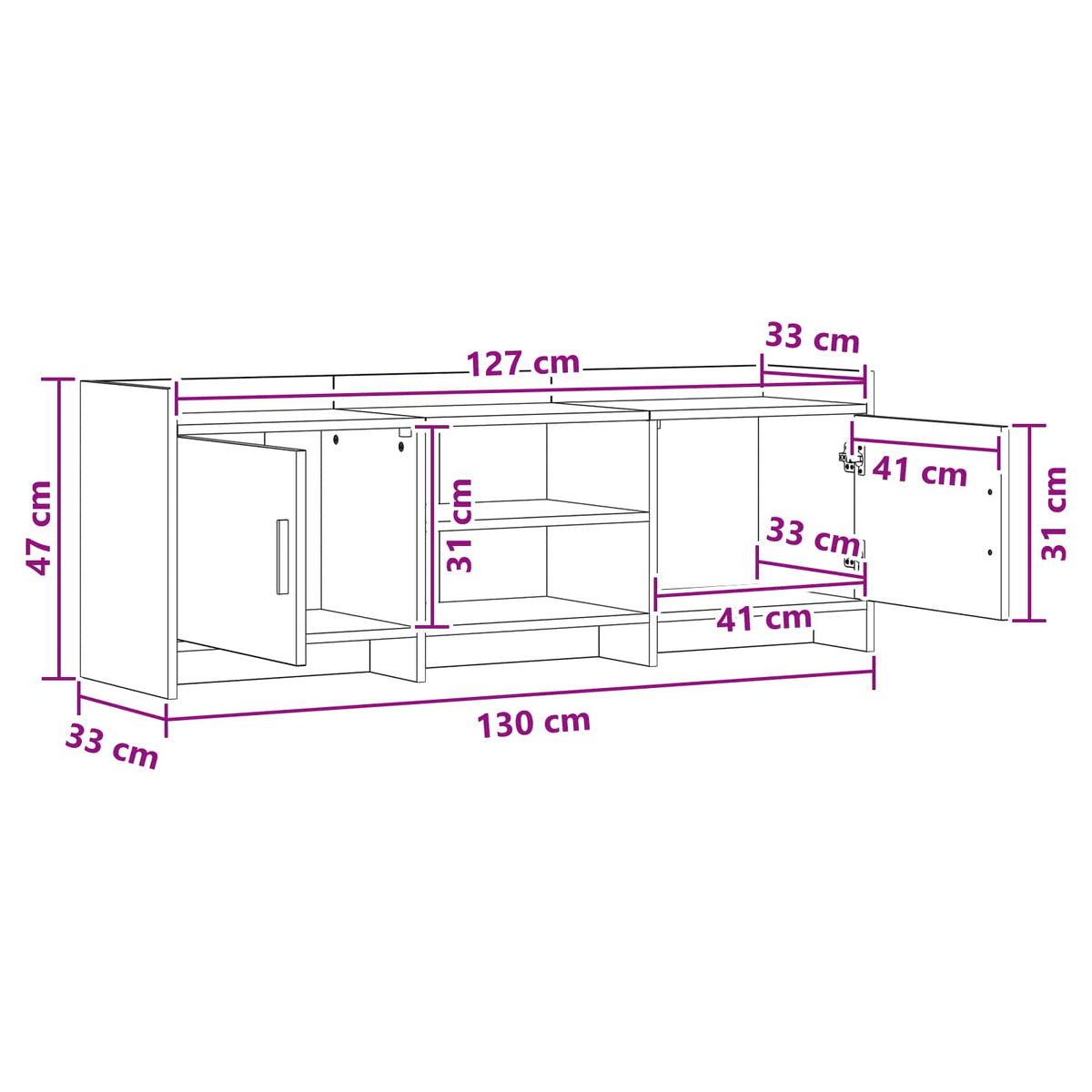 TV Cabinet 130 x 33 x 47 cm White Engineered Wood