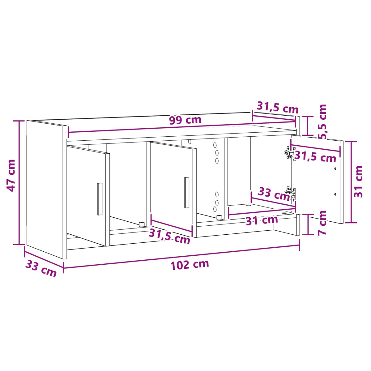 TV Cabinet 102 x 33 x 47 cm White Engineered Wood