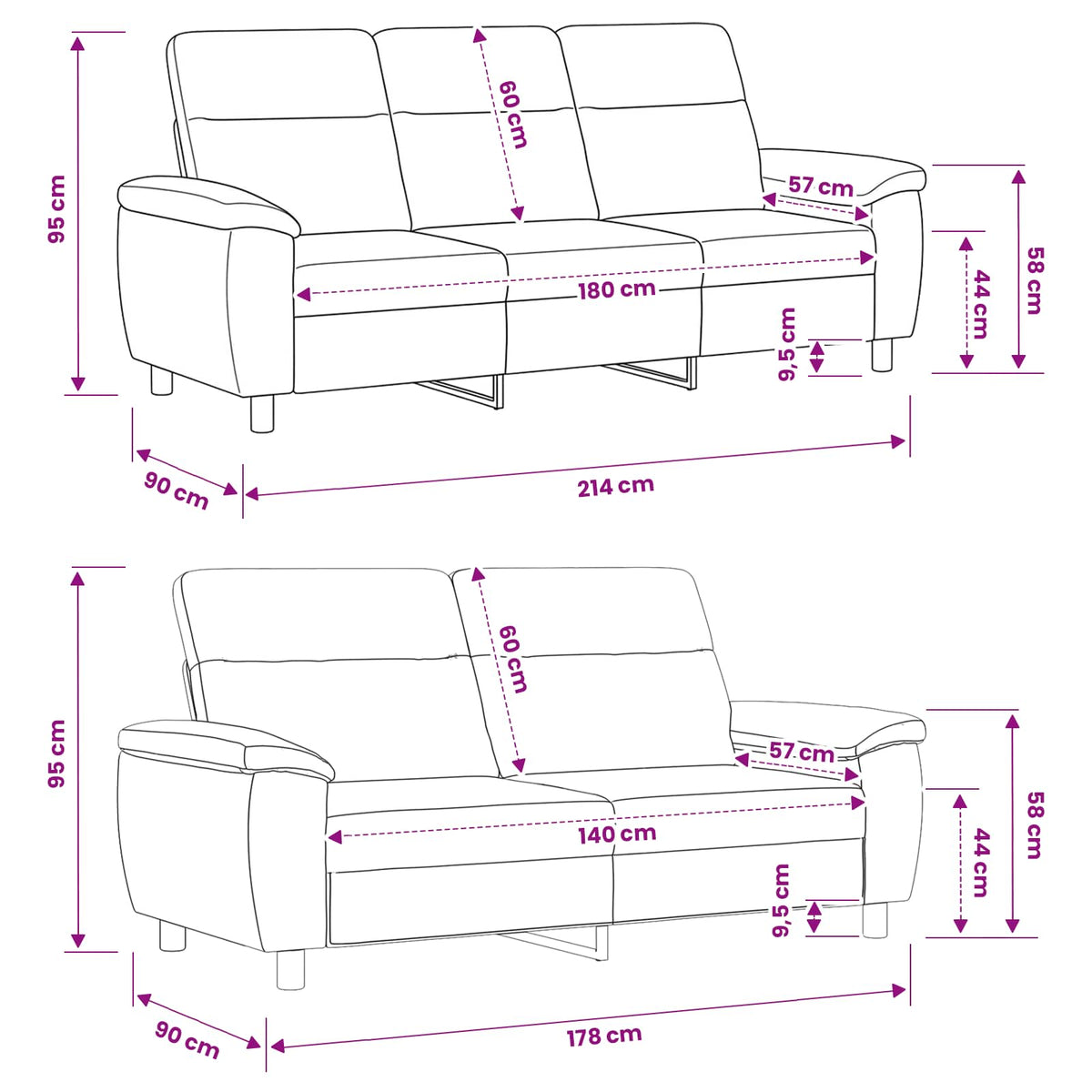 Sofa Set 2 pcs Dark Grey Fabric