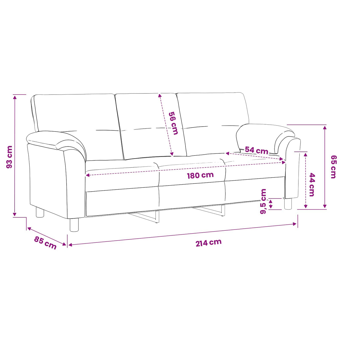 Sofa Dark Grey 214 x 85 x 93 cm Velvet