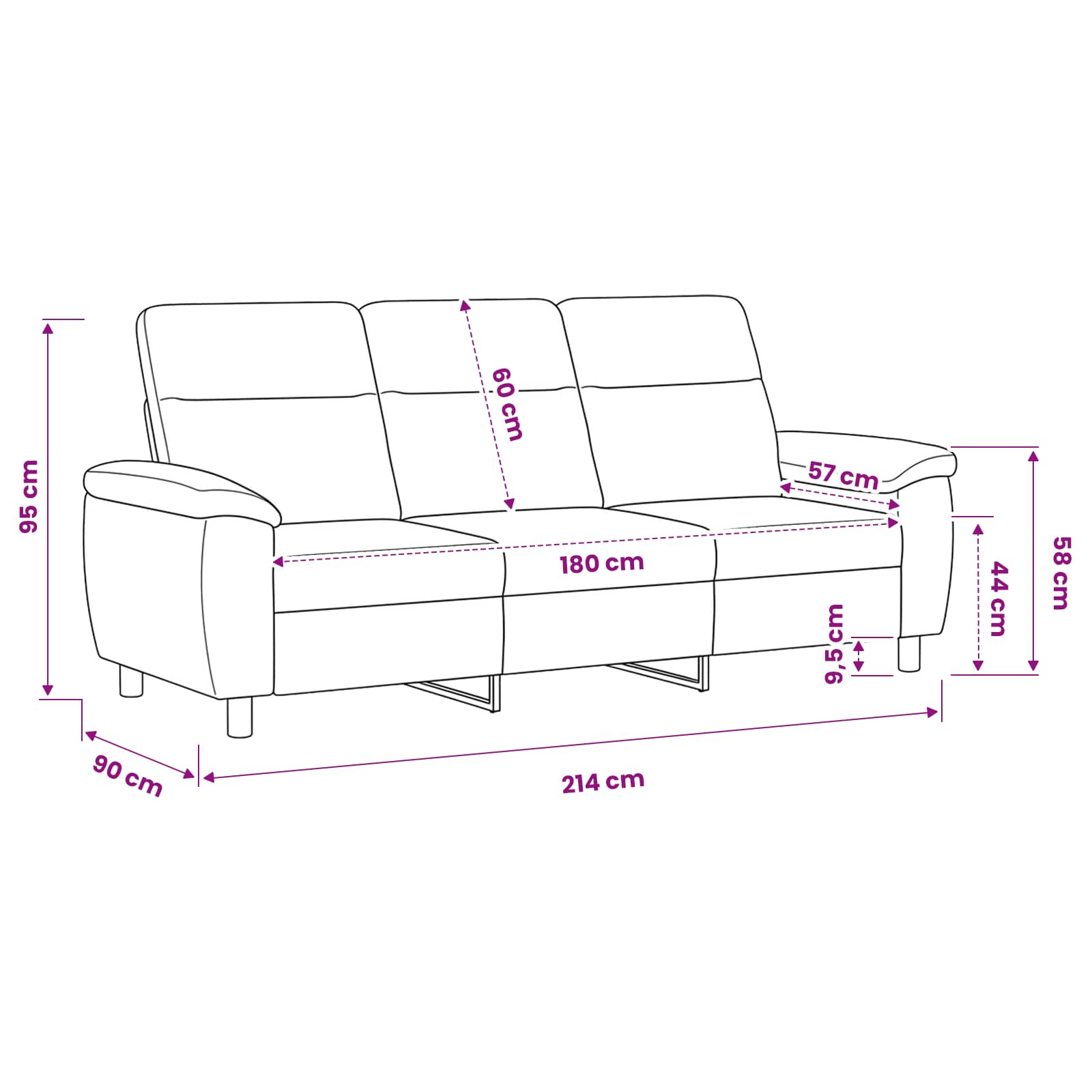 Sofa Dark Grey 214 x 90 x 95 cm Fabric
