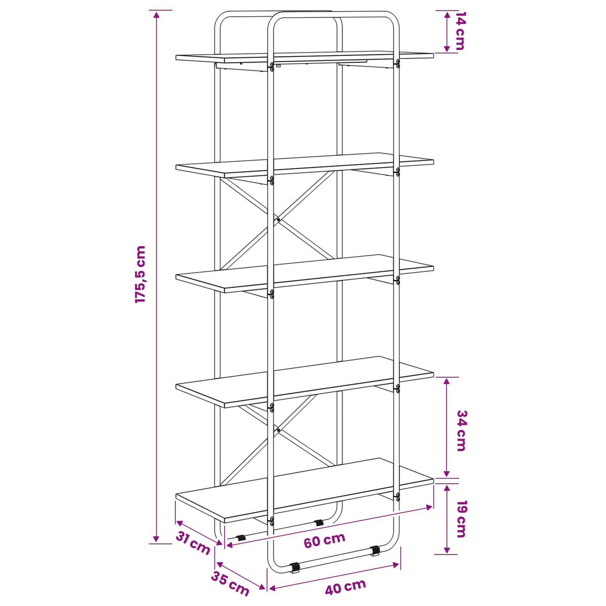 Bookshelf 5-Tier 60 x 35 x 175.5 cm PB Sonoma Oak