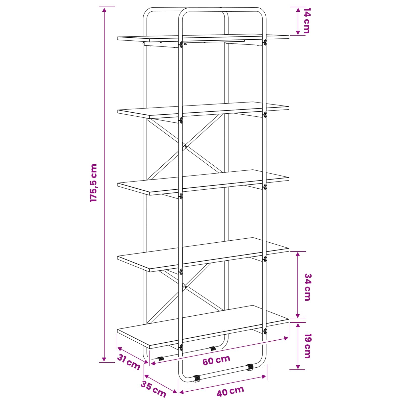Bookshelf 5-Tier 60 x 35 x 175.5 cm PB Sonoma Oak