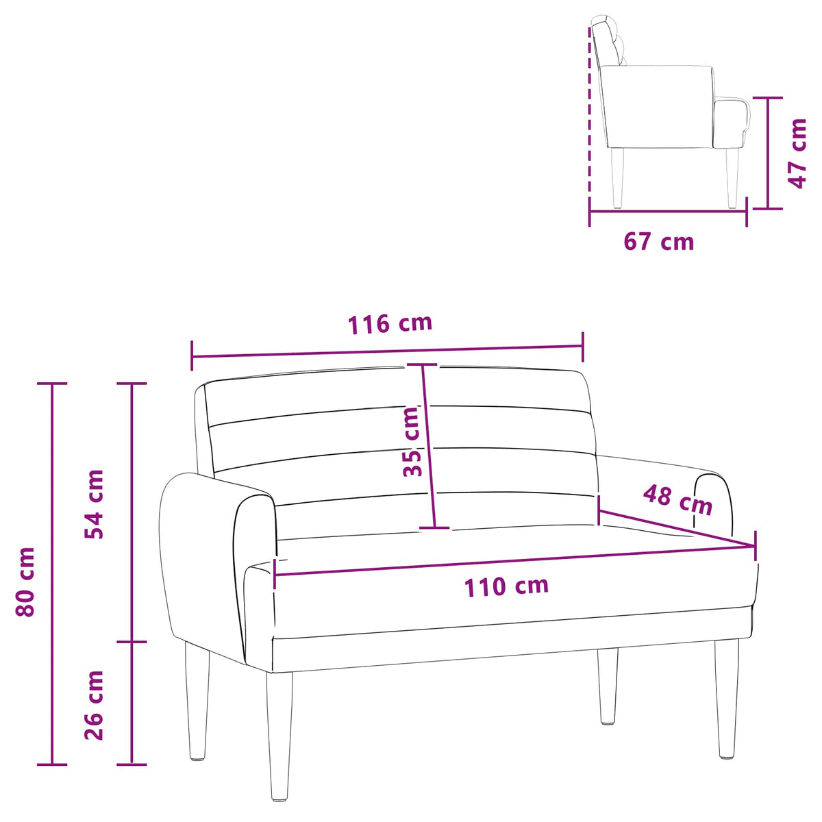 Loveseat with button tufted Black 116 x 67 x 80 cm Fabric