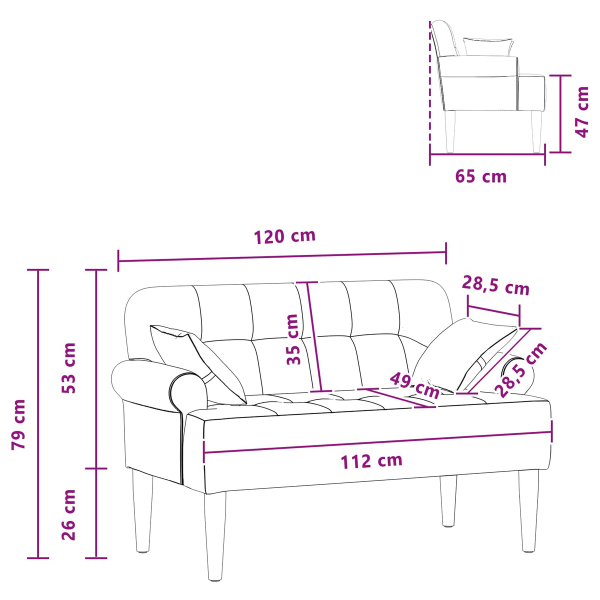 Loveseat with button tufted Black 120 x 65 x 79 cm Fabric