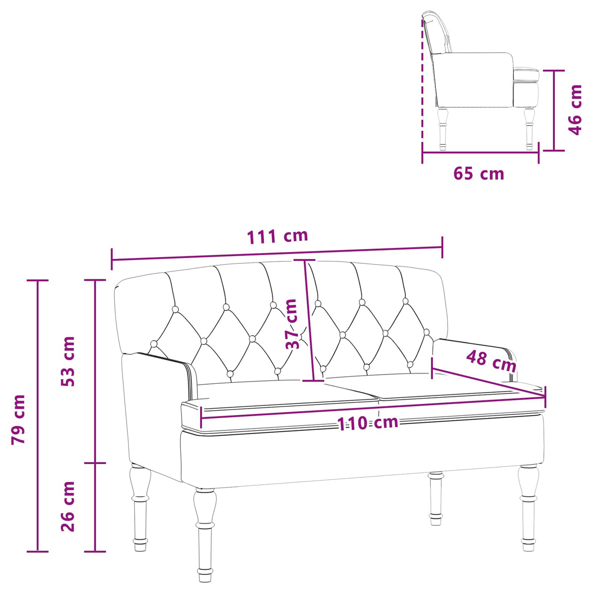 Loveseat with button tufted Dark Grey 111 x 65 x 79 cm Velvet