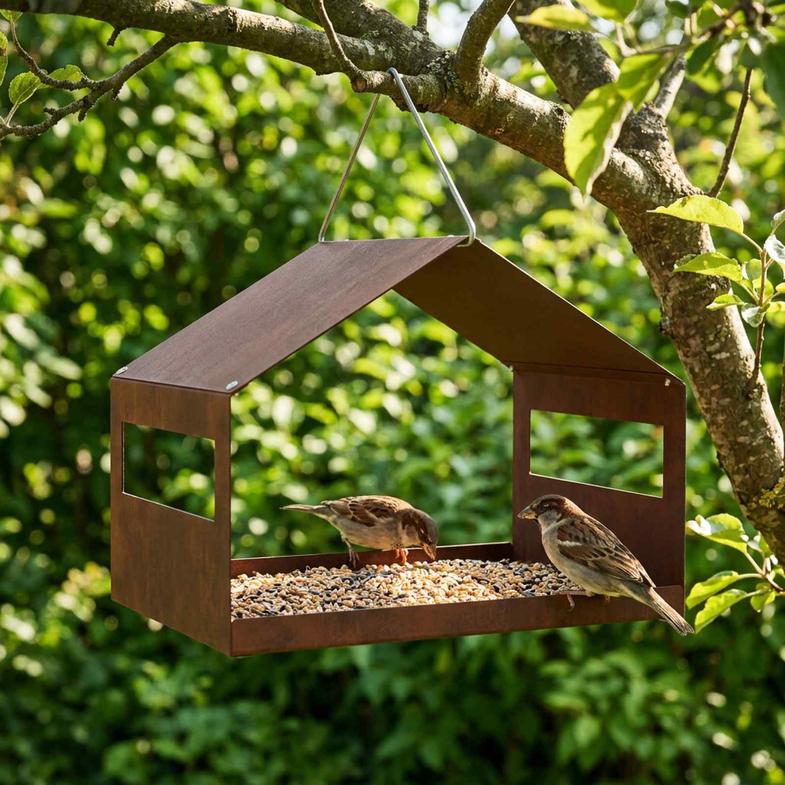 Hanging Bird Feeder Weathering Steel Rusty 30 x 23 x 23 cm