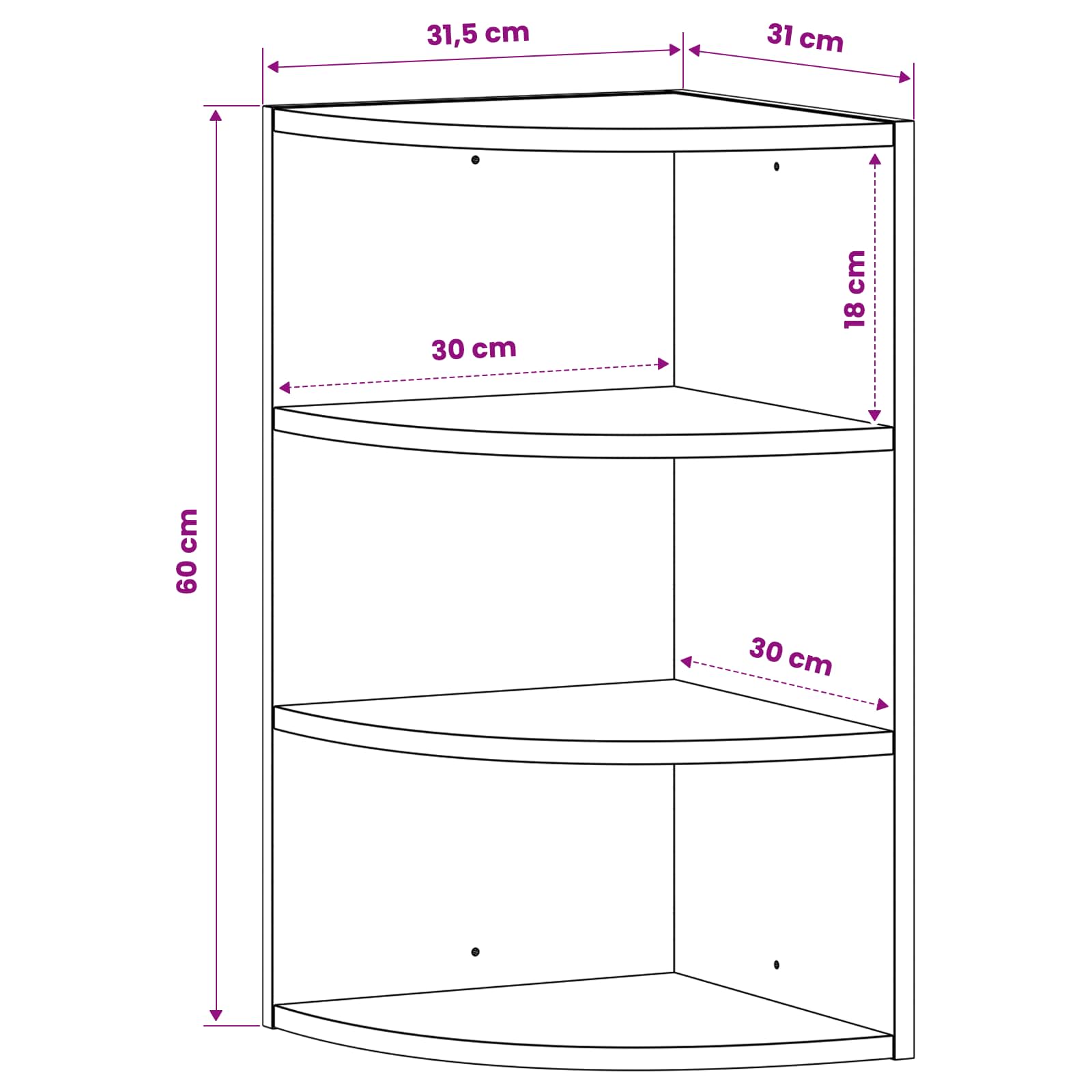 Wall Mounted Corner Shelf 3-Tier 31.5 x 31 x 60 cm White