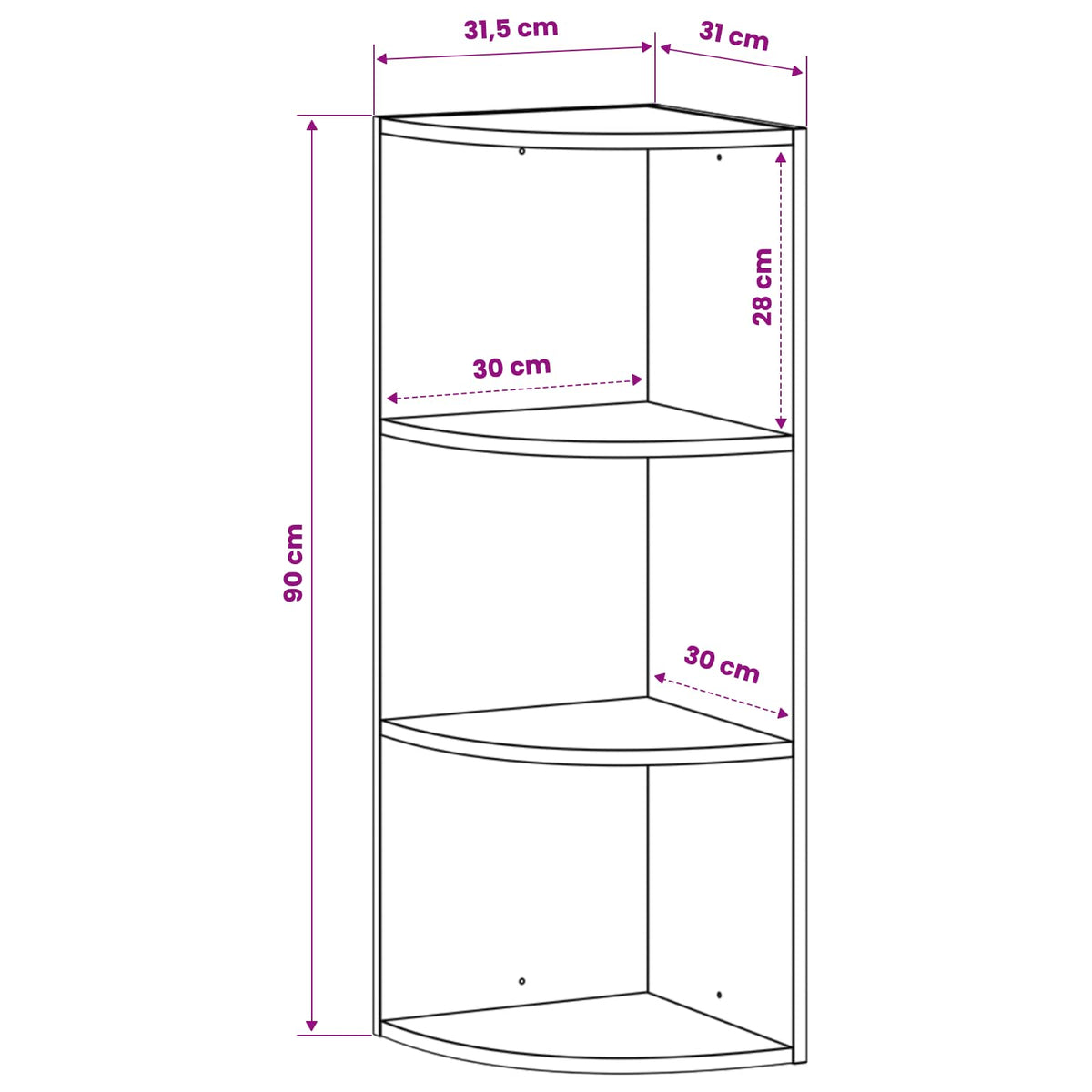 Wall Mounted Corner Shelf 3-Tier 31.5 x 31 x 90 cm