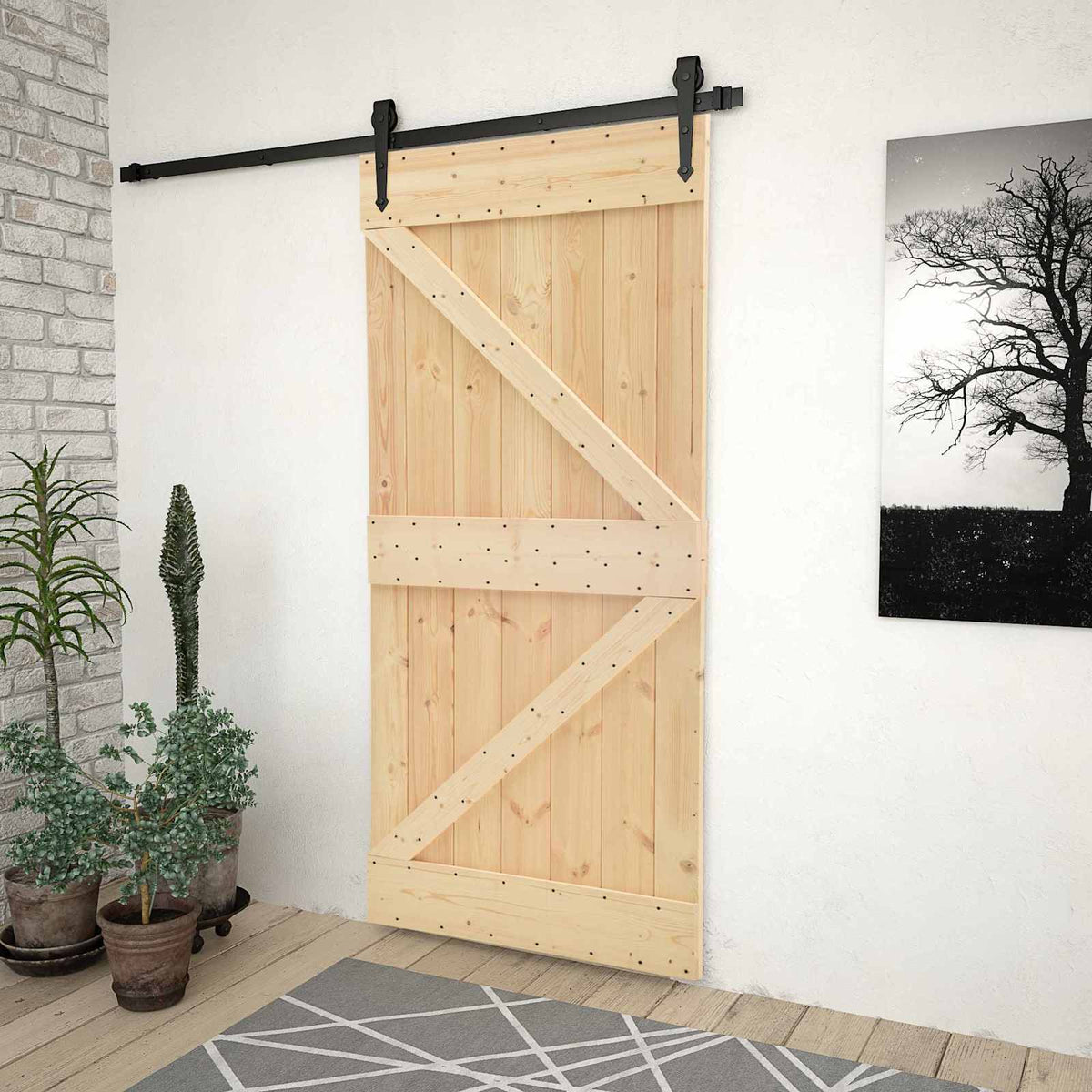 Sliding Door Natural and Black 80 x 210 cm Solid Pine Wood
