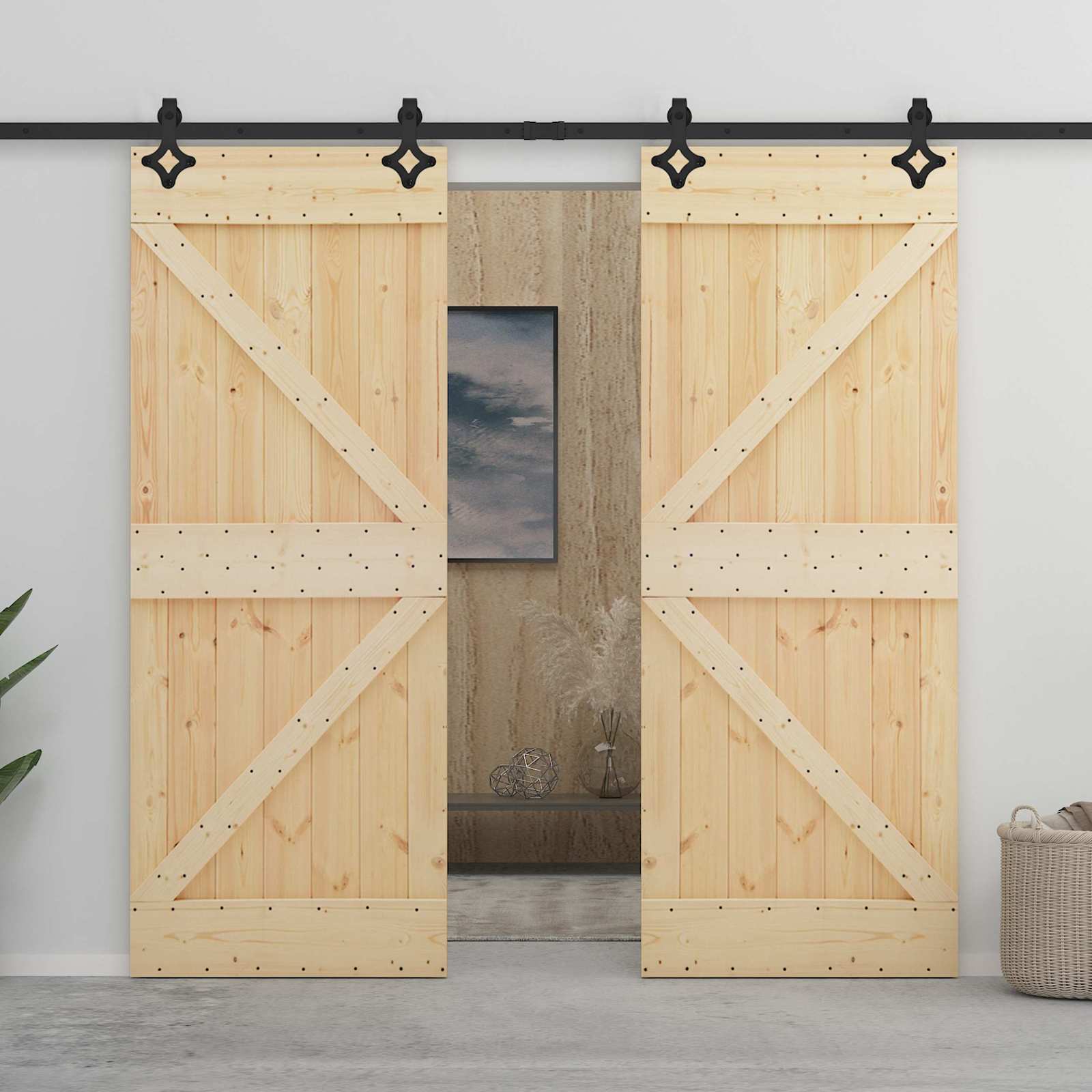 Sliding Door Natural and Black 80 x 210 cm Solid Pine Wood