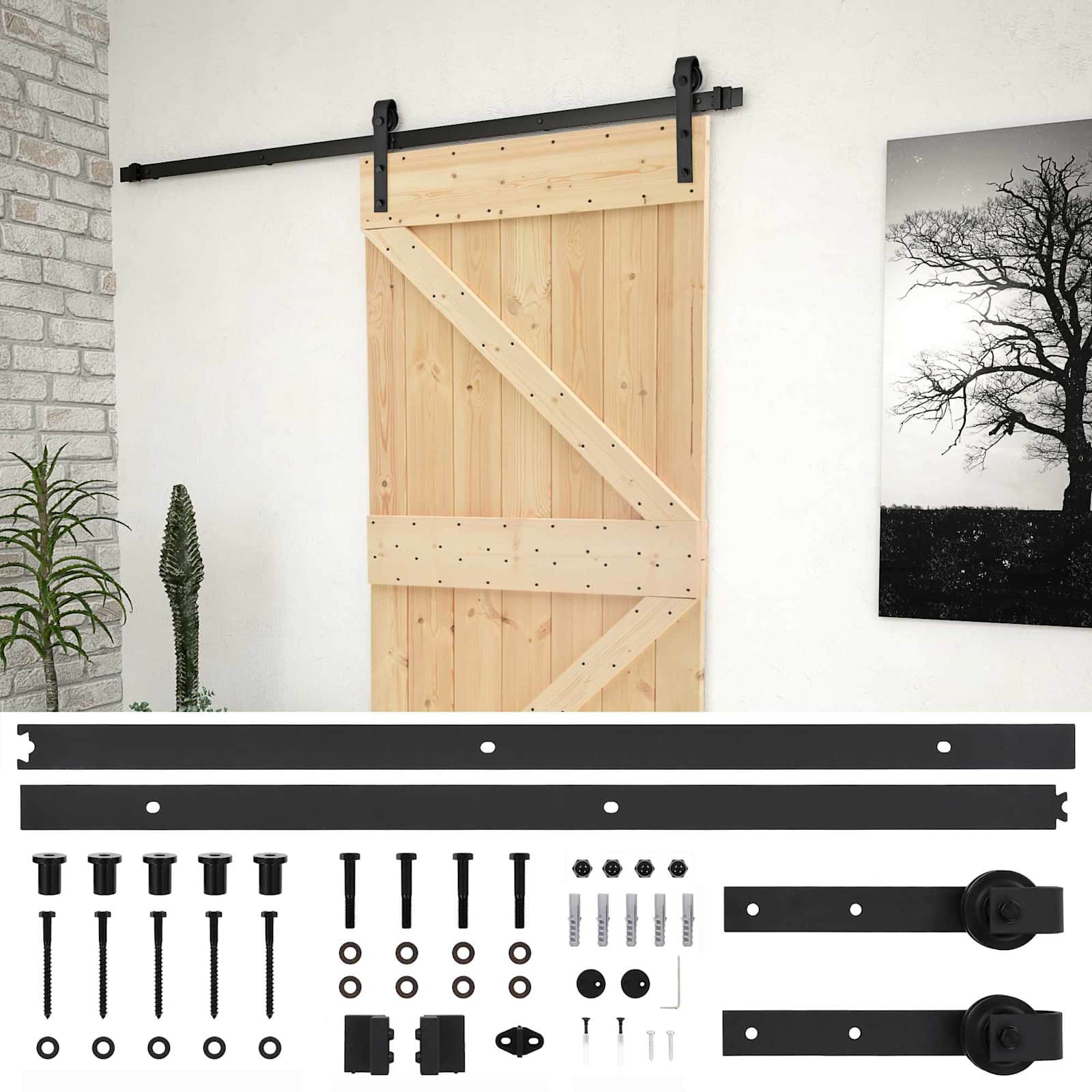 Sliding Door Natural and Black 80 x 210 cm Solid Pine Wood