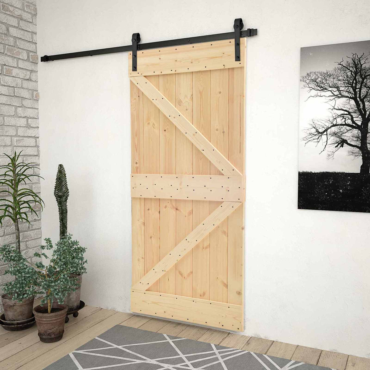 Sliding Door Natural and Black 80 x 210 cm Solid Pine Wood