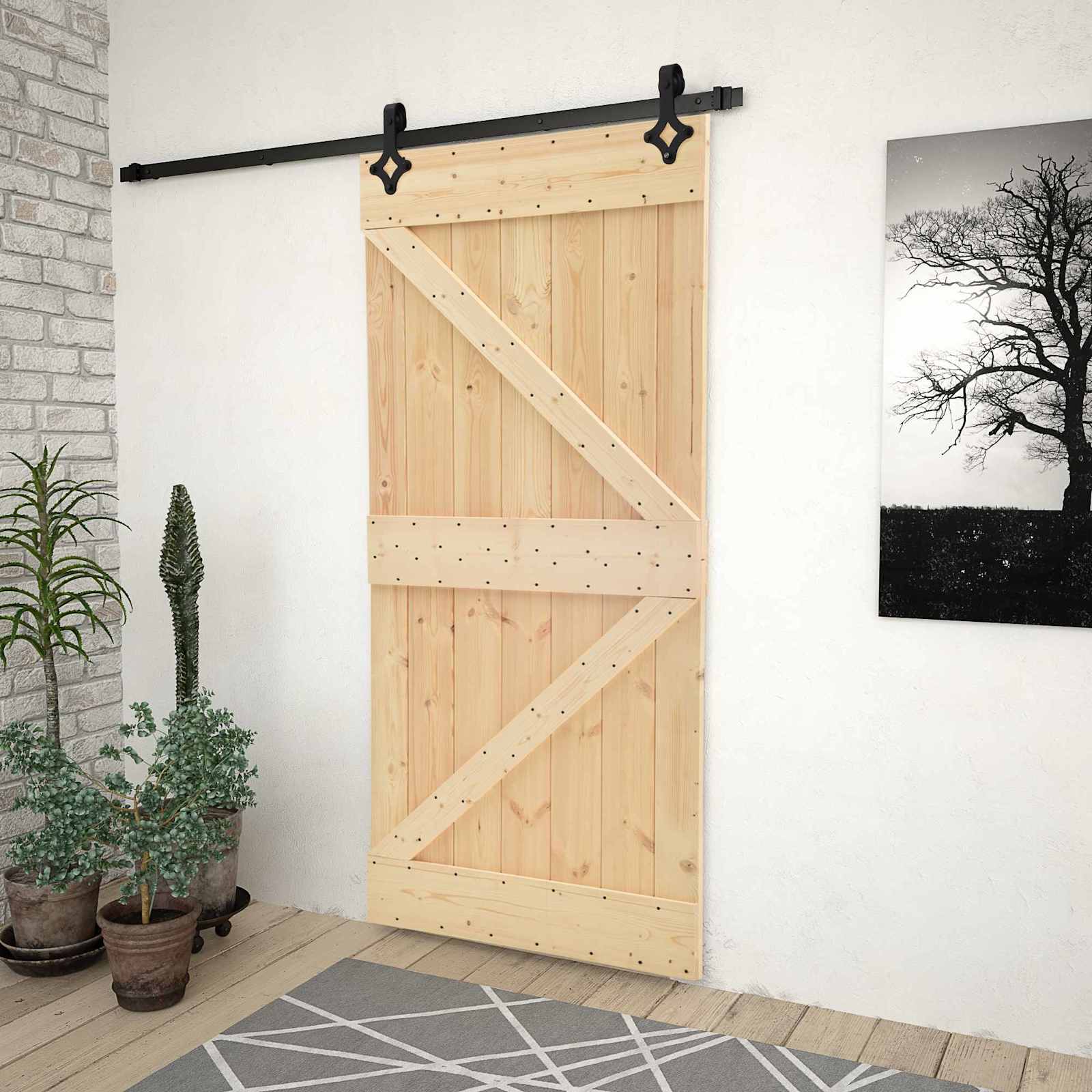 Sliding Door Natural and Black 90 x 210 cm Solid Pine Wood