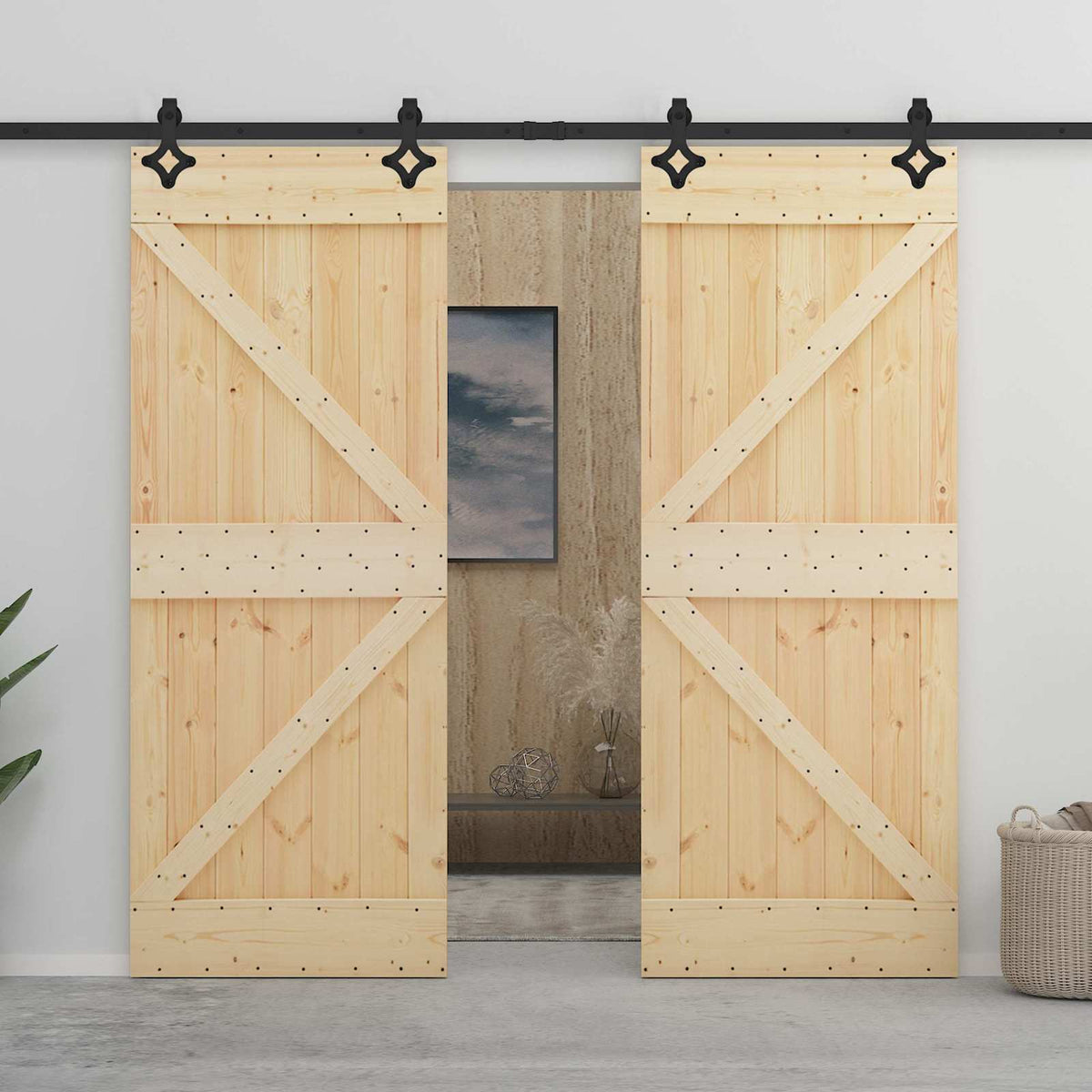 Sliding Door Natural and Black 90 x 210 cm Solid Pine Wood