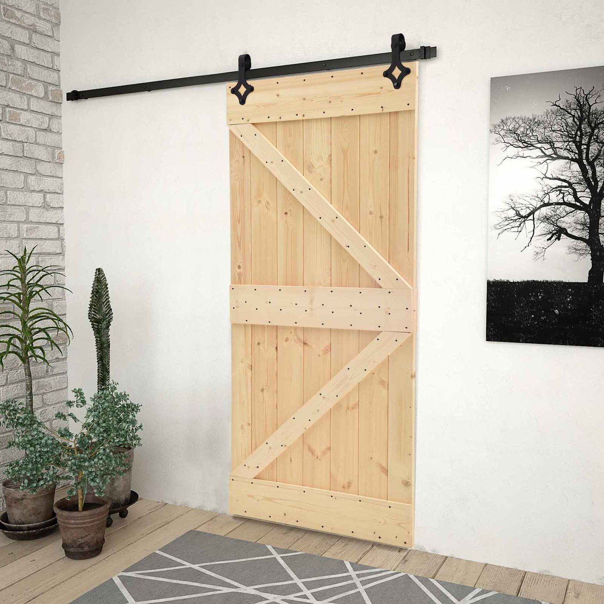 Sliding Door Natural and Black 90 x 210 cm Solid Pine Wood