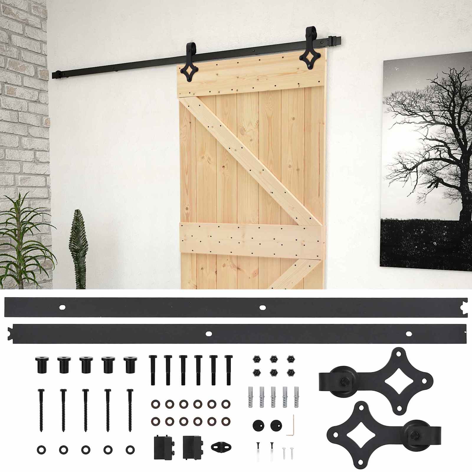 Sliding Door Natural and Black 90 x 210 cm Solid Pine Wood