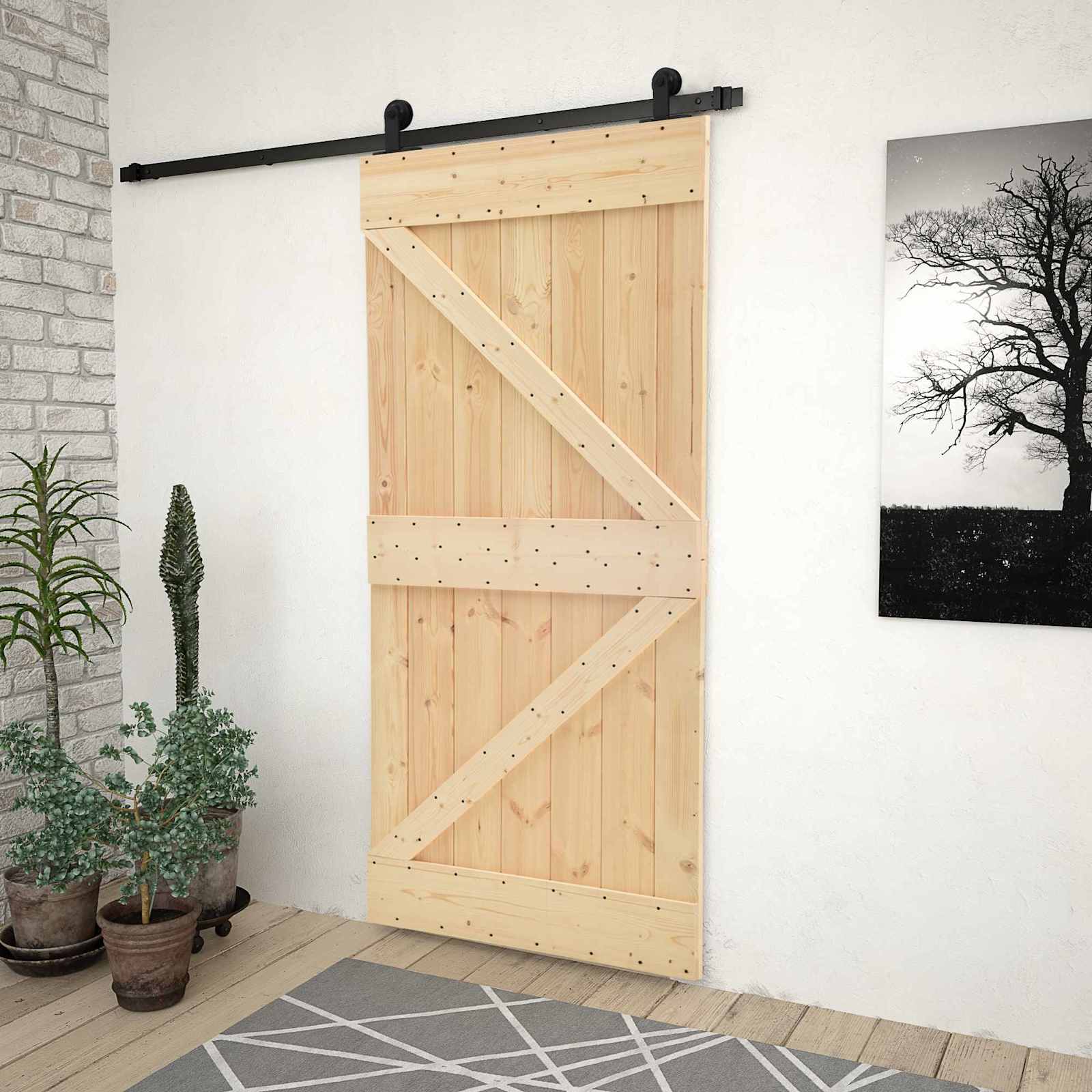 Sliding Door Natural and Black 90 x 210 cm Solid Pine Wood