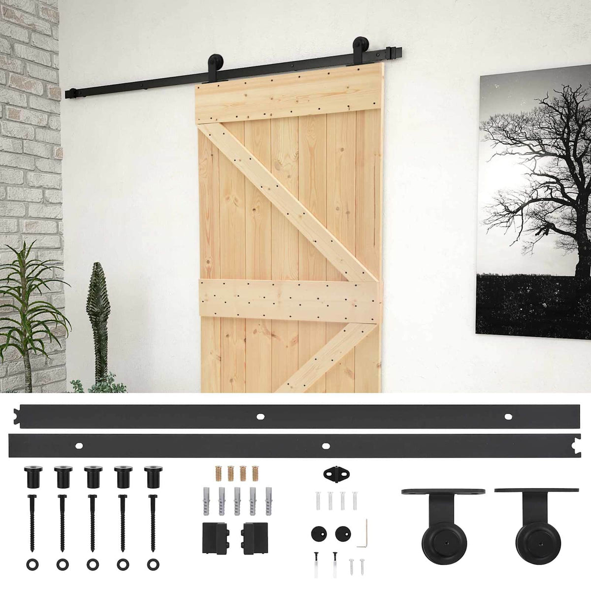 Sliding Door Natural and Black 90 x 210 cm Solid Pine Wood