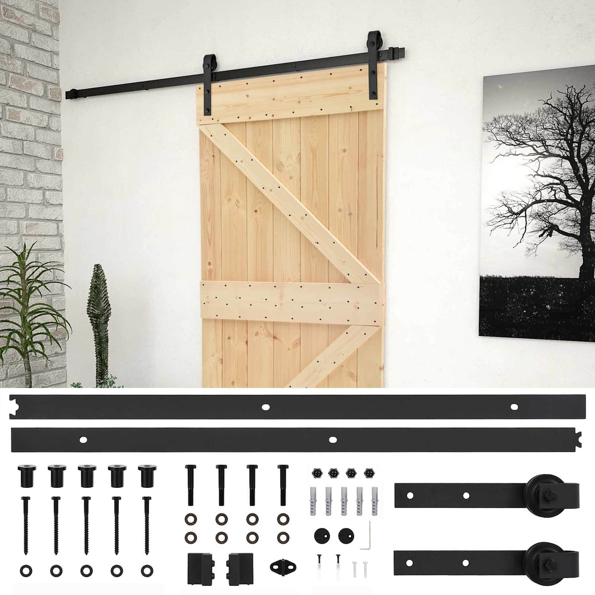 Sliding Door Natural and Black 90 x 210 cm Solid Pine Wood