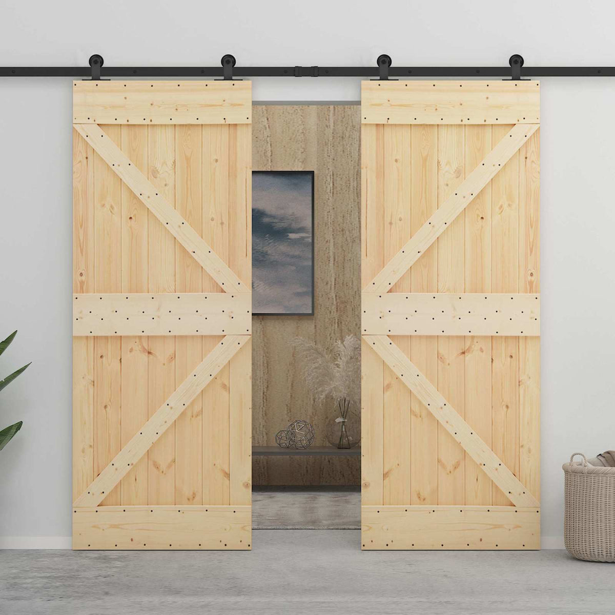 Sliding Door Natural and Black 100 x 210 cm Solid Pine Wood
