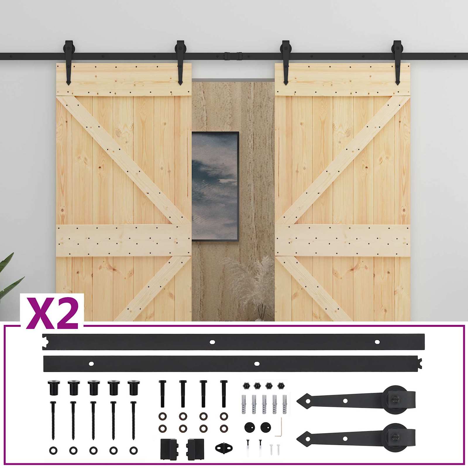 Sliding Door 2 pcs Natural and Black Solid Pine Wood