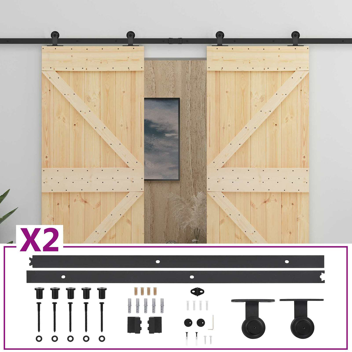 Sliding Door 2 pcs Natural and Black Solid Pine Wood