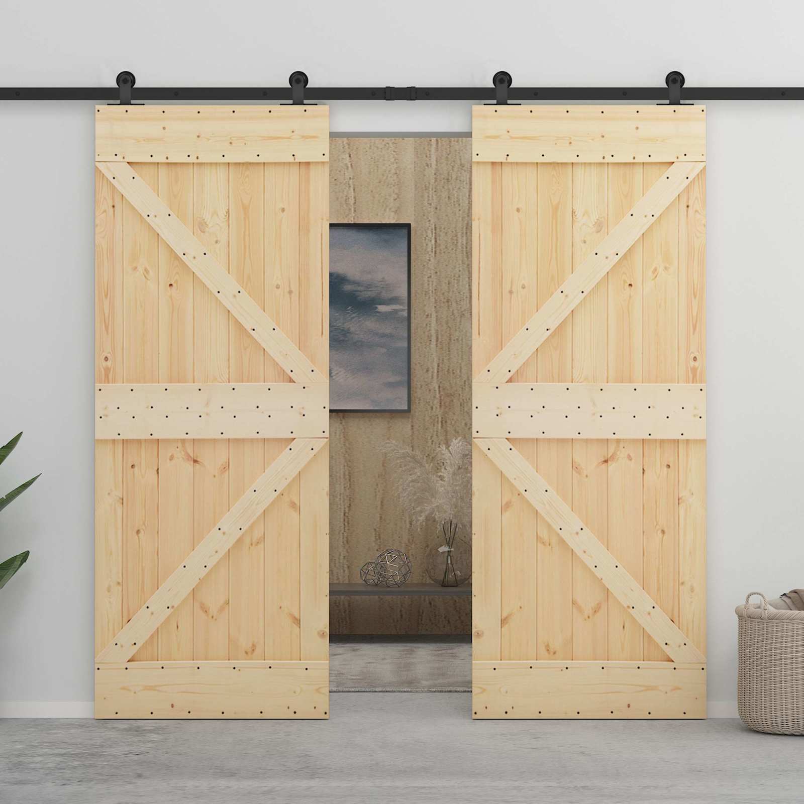 Sliding Door 2 pcs Natural and Black Solid Pine Wood