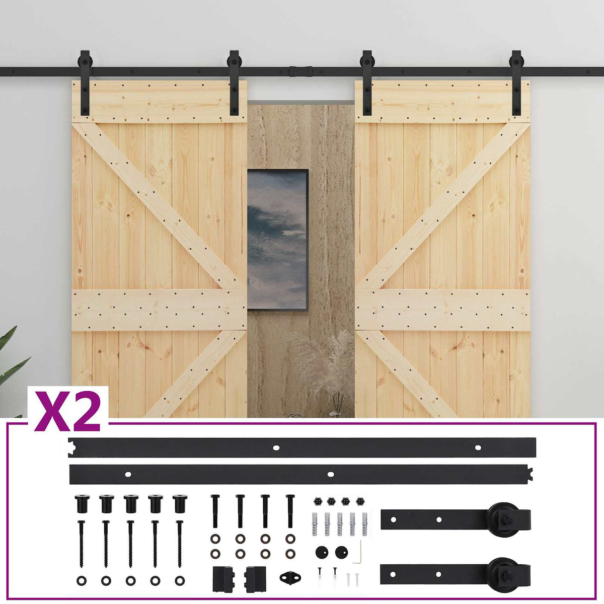 Sliding Door 2 pcs Natural and Black Solid Pine Wood