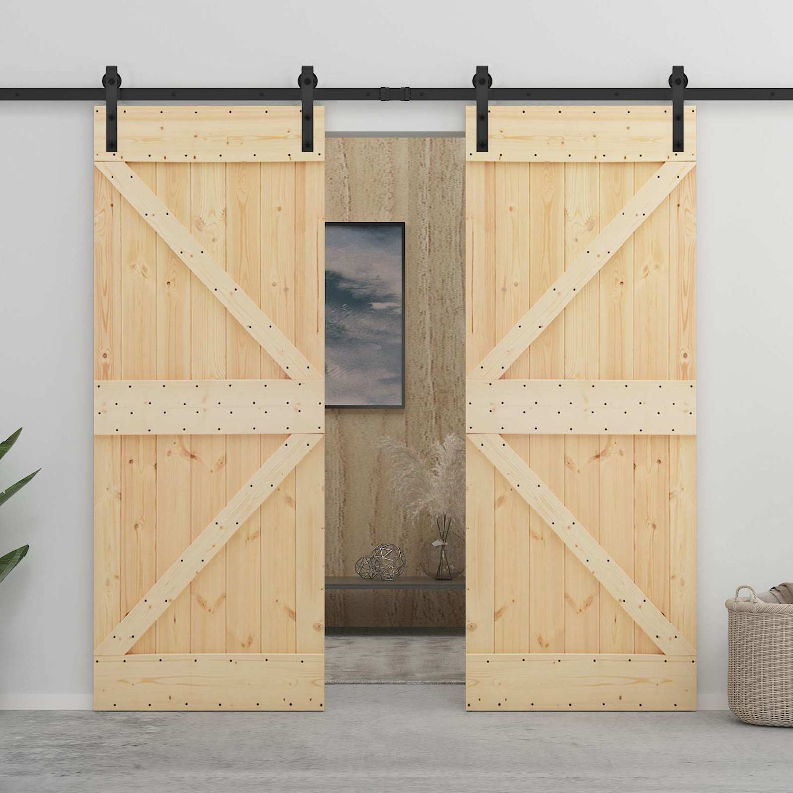 Sliding Door 2 pcs Natural and Black Solid Pine Wood