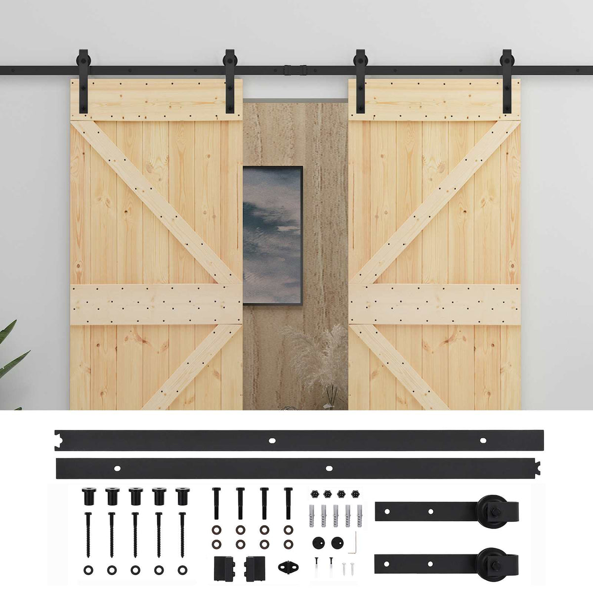 Sliding Door 2 pcs Natural and Black Solid Pine Wood