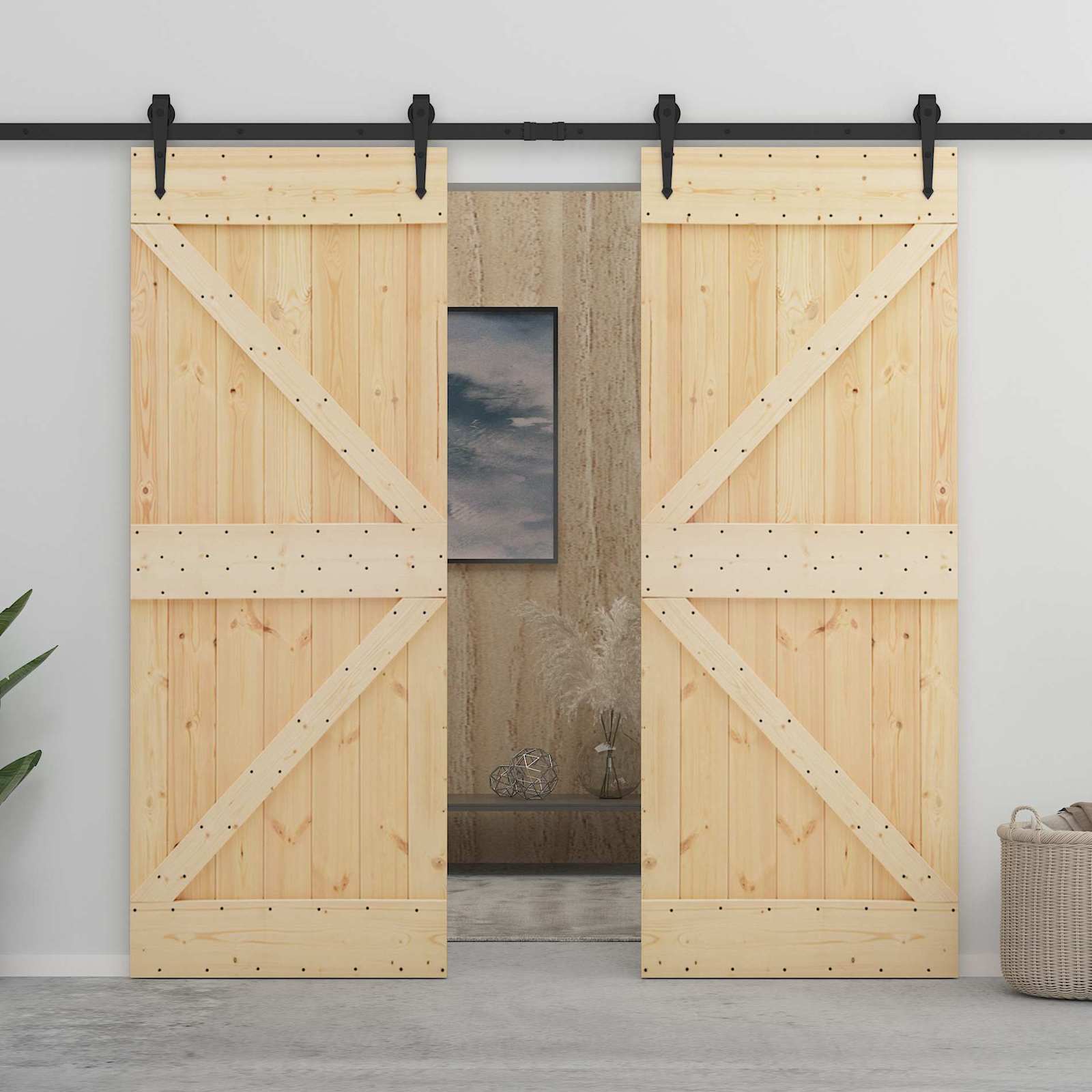 Sliding Door 2 pcs Natural and Black Solid Pine Wood