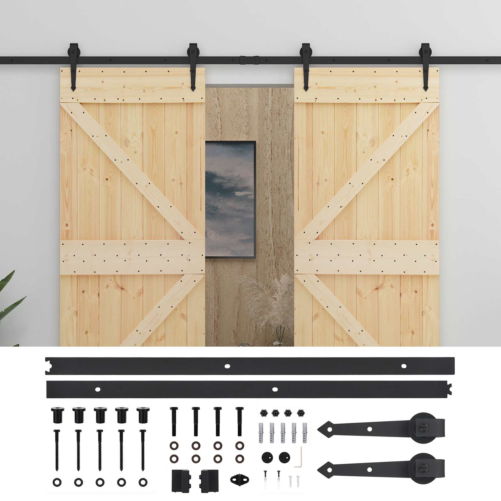 Sliding Door 2 pcs Natural and Black Solid Pine Wood