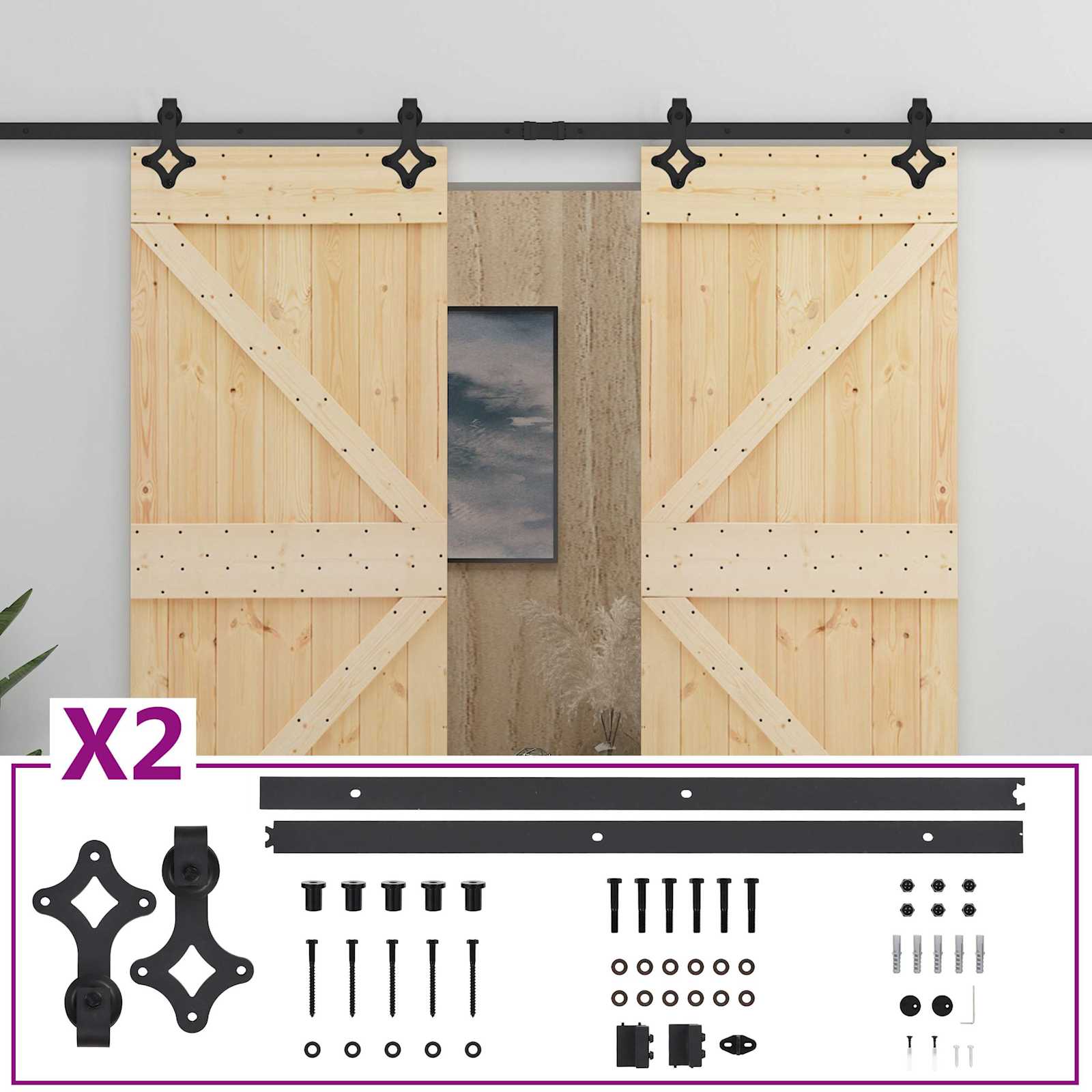 Sliding Door 2 pcs Natural and Black Solid Pine Wood