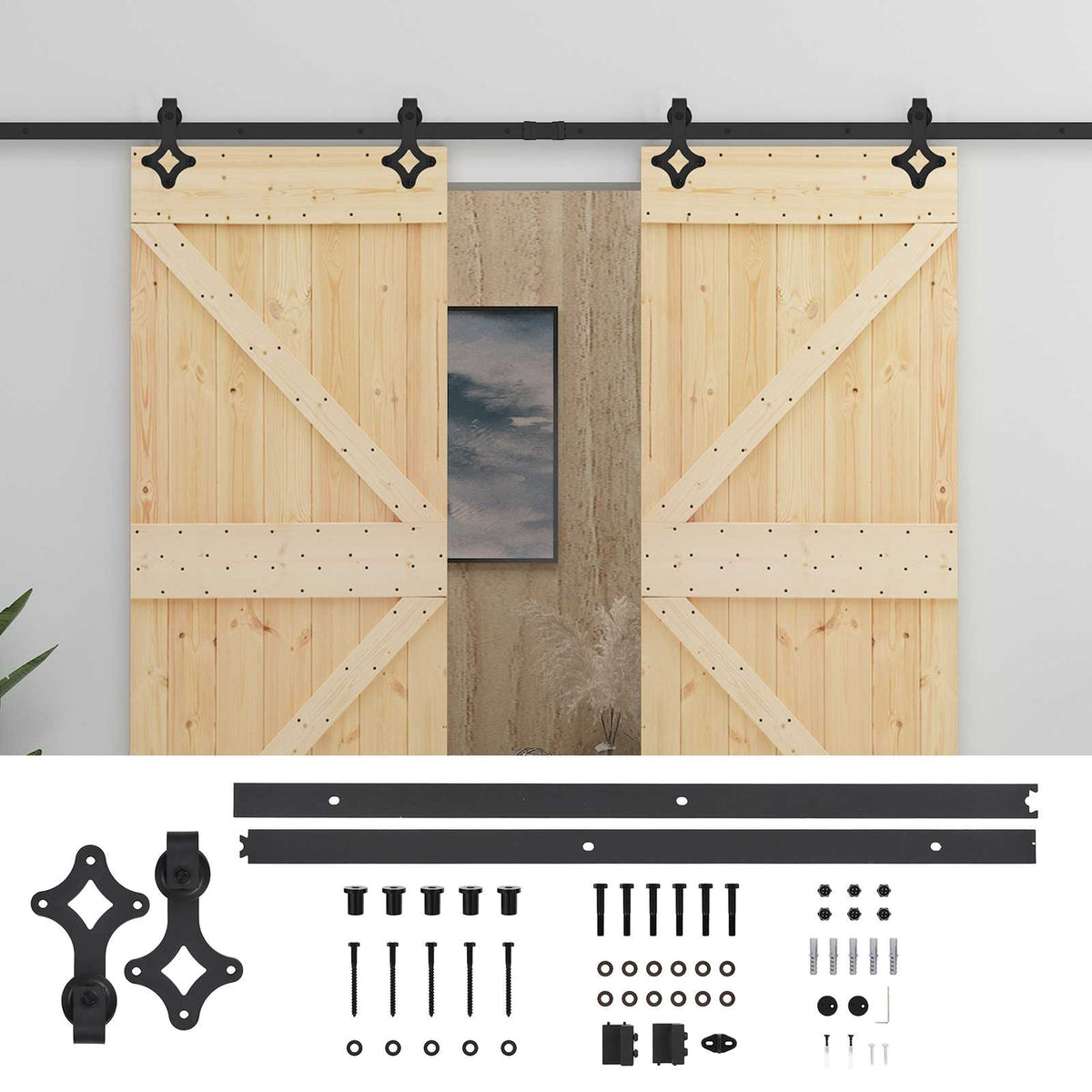 Sliding Door 2 pcs Natural and Black Solid Pine Wood