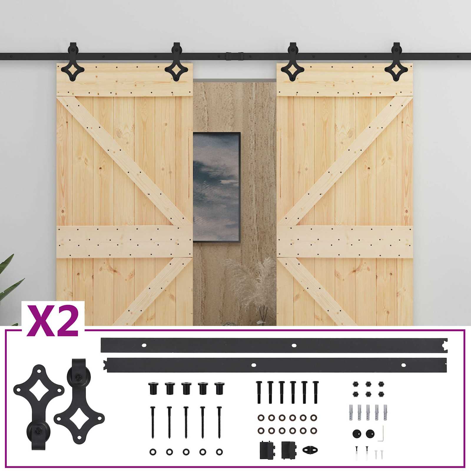 Sliding Door 2 pcs Natural and Black Solid Pine Wood