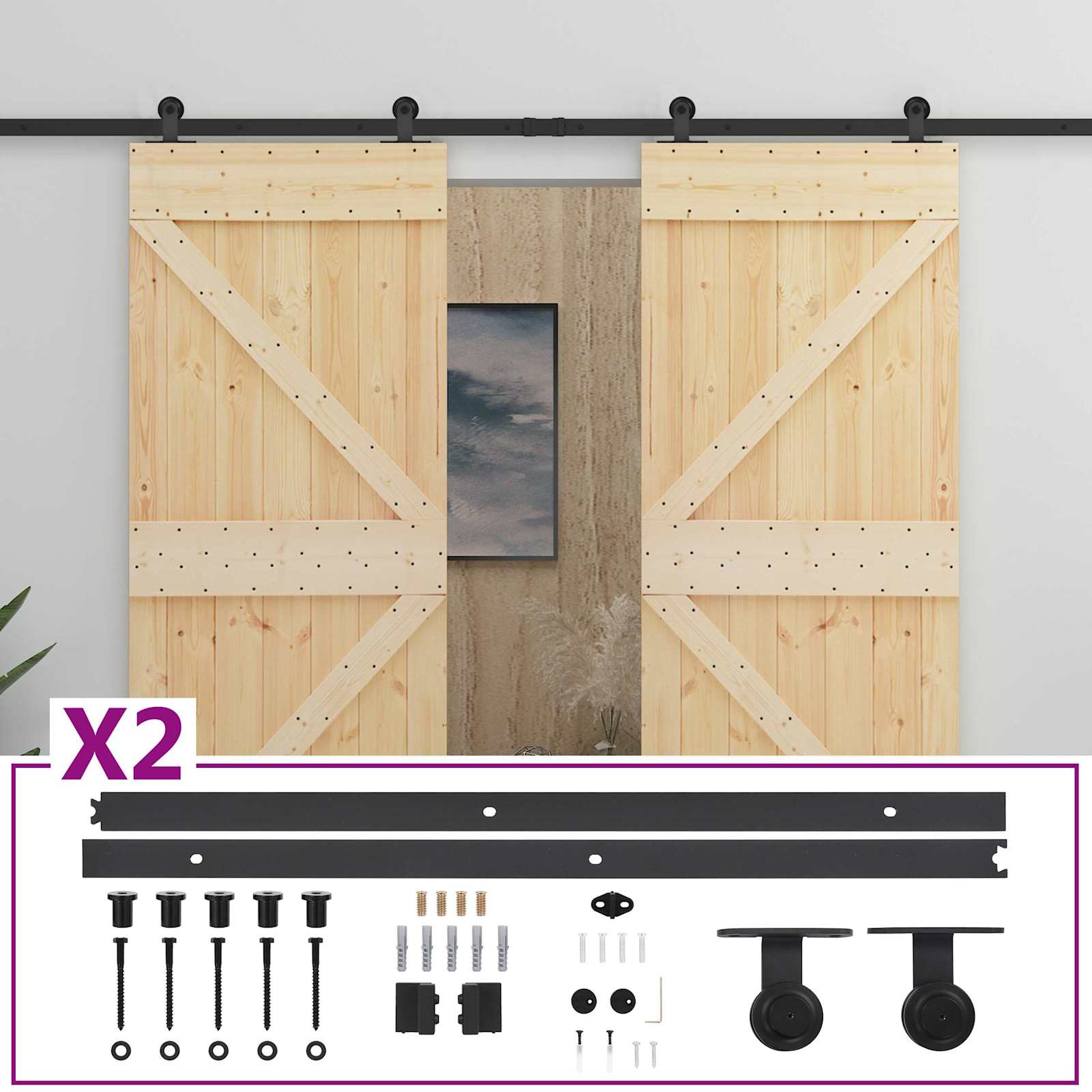 Sliding Door 2 pcs Natural and Black Solid Pine Wood
